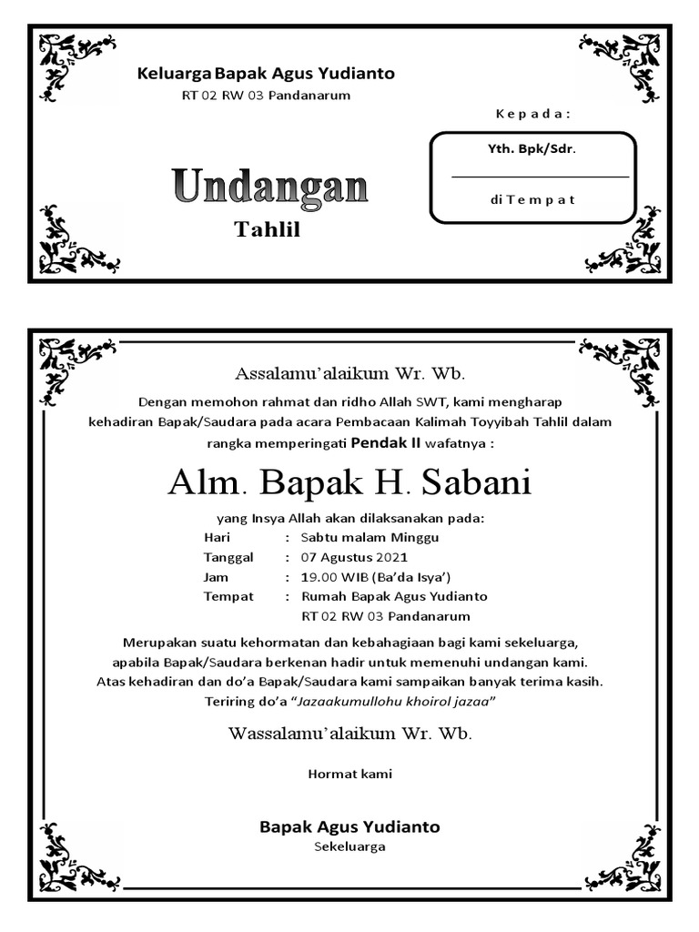 Contoh Format Undangan Tahlil | PDF