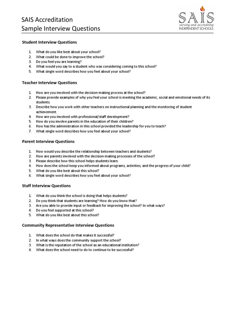 SAIS Accreditation Sample Interview Questions | PDF | Teachers ...