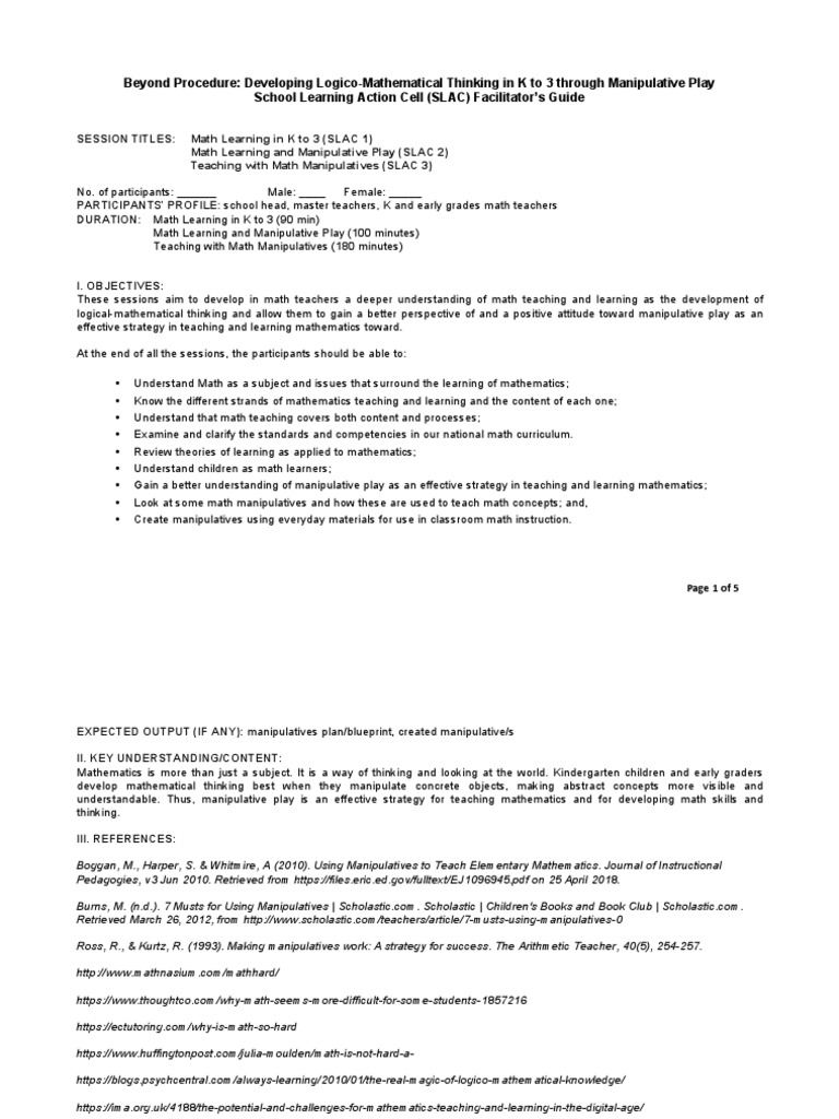 Developing Logico Math Thinking Thru Manipulative Play Deped Format
