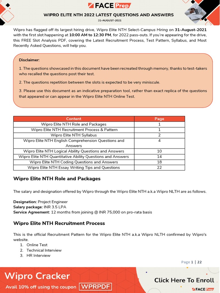 Disclaimer:: Wipro Elite NTH Role and Packages | PDF | Numbers | Essays