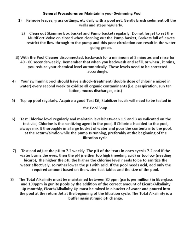 Pool Maintenance Procedures PDF Chemistry Physical Sciences