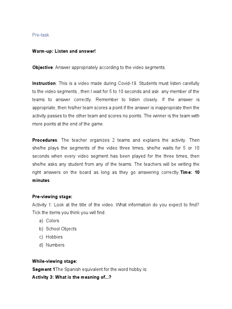 Task-Based ESL Lesson on Hobbies | PDF | Hobbies | Cognition