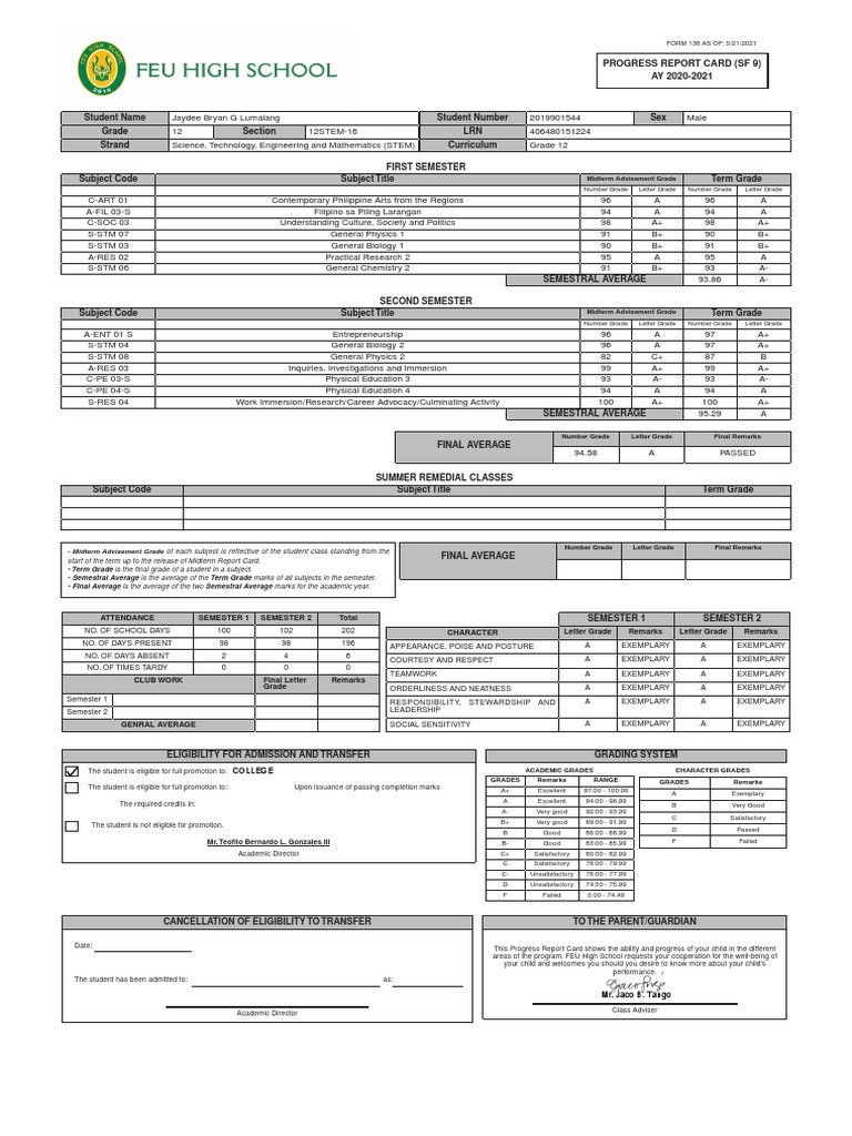 Grade 12 Progress Report Card 2021 | PDF