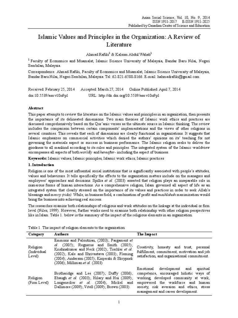 Islamic Values and Principles in The Organization: A Review of ...
