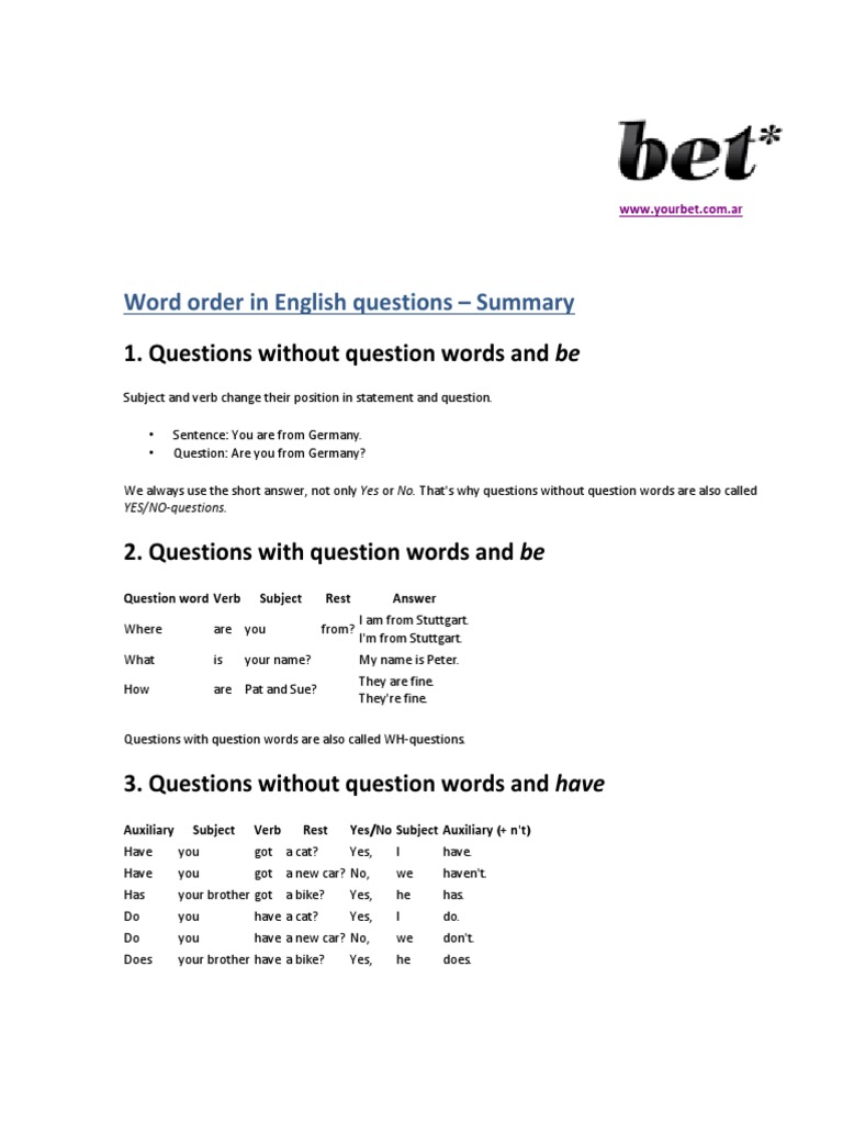 English Question Word Order Guide | PDF | Subject (Grammar) | Question
