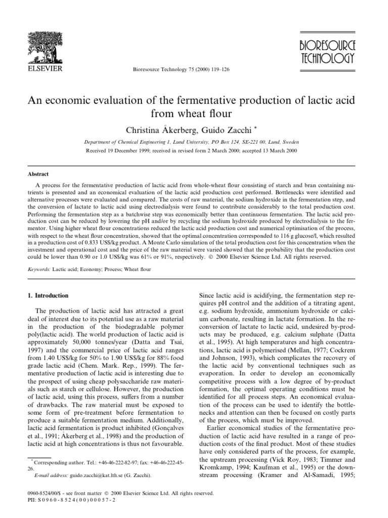 An Economic Evaluation of The Fermentative Production of Lactic Acid ...