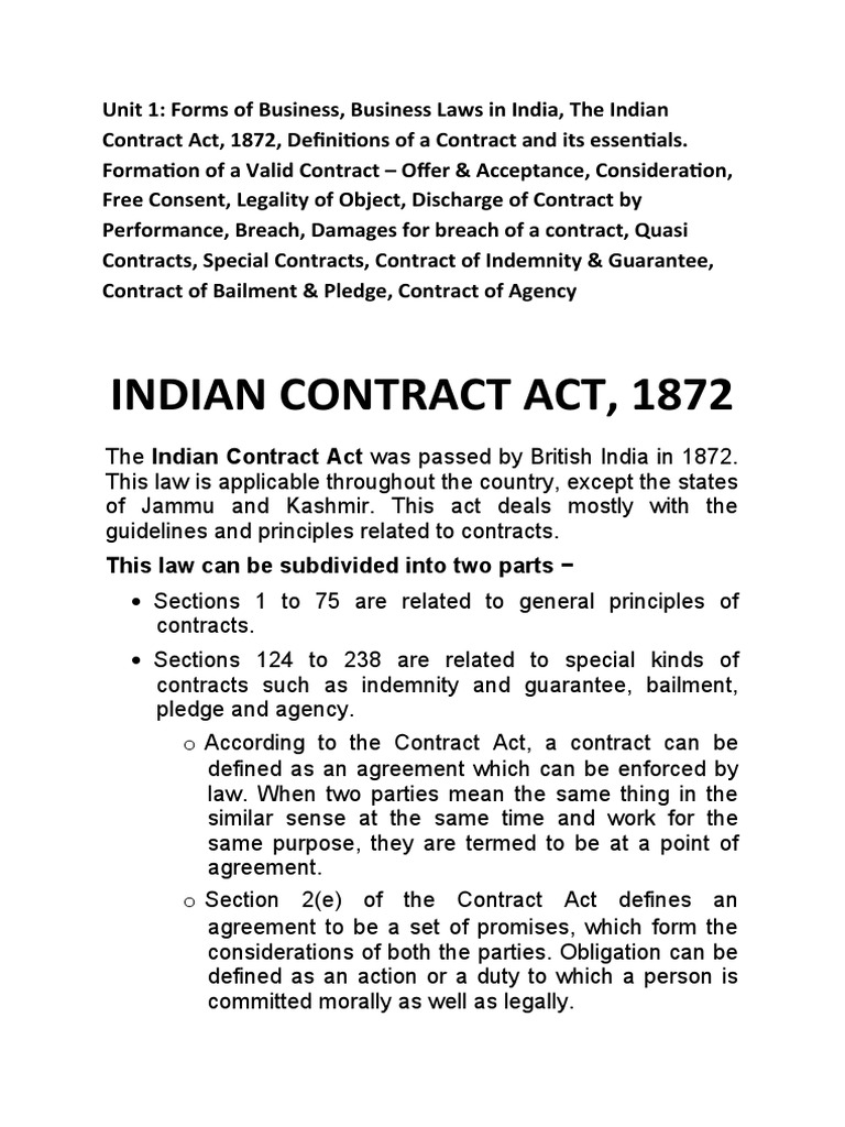 Indian Contract Act, 1872 PDF Damages Breach Of Contract