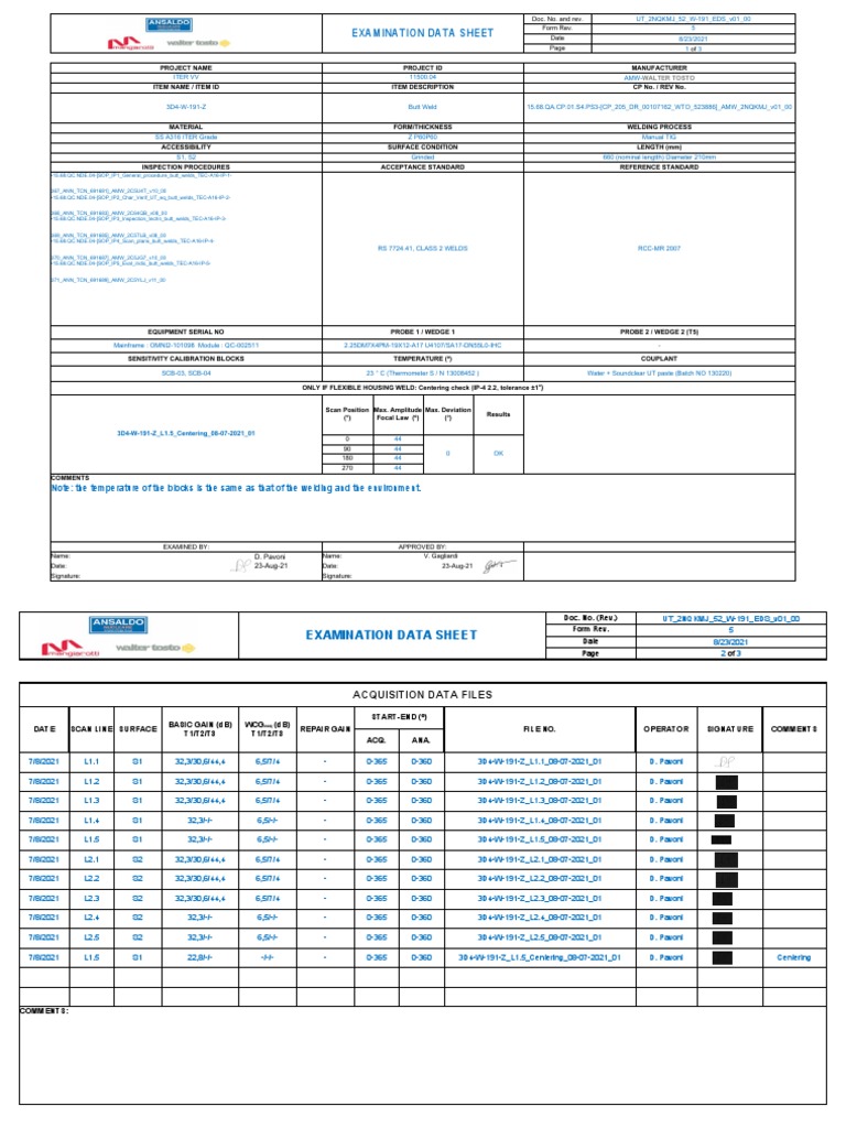 Ultrasonic Examination Data Sheet | PDF | Mechanical Engineering ...
