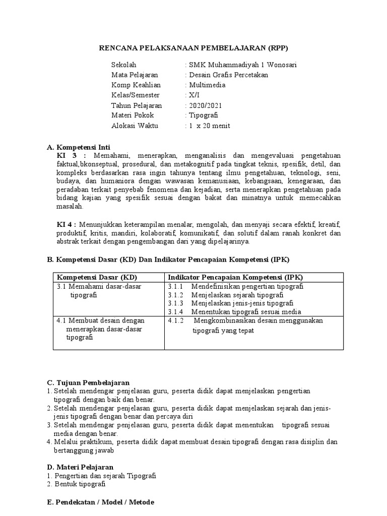 RPP Tipografi Kelas 7 SMK 2021 | PDF