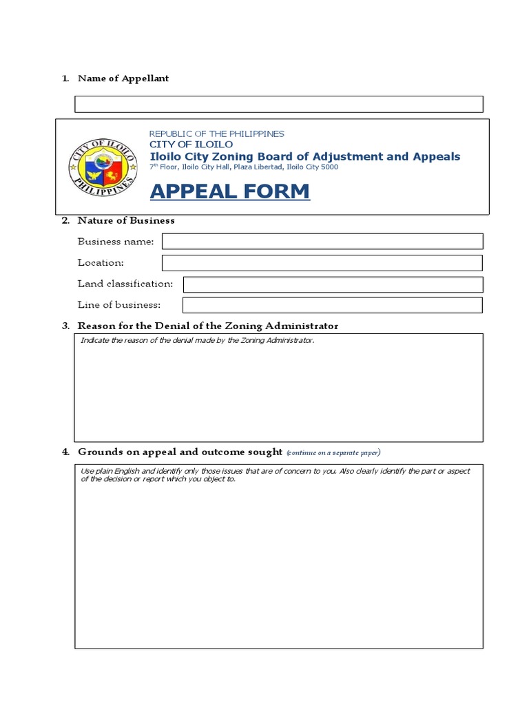 Appeal Form: Iloilo City Zoning Board of Adjustment and Appeals | PDF