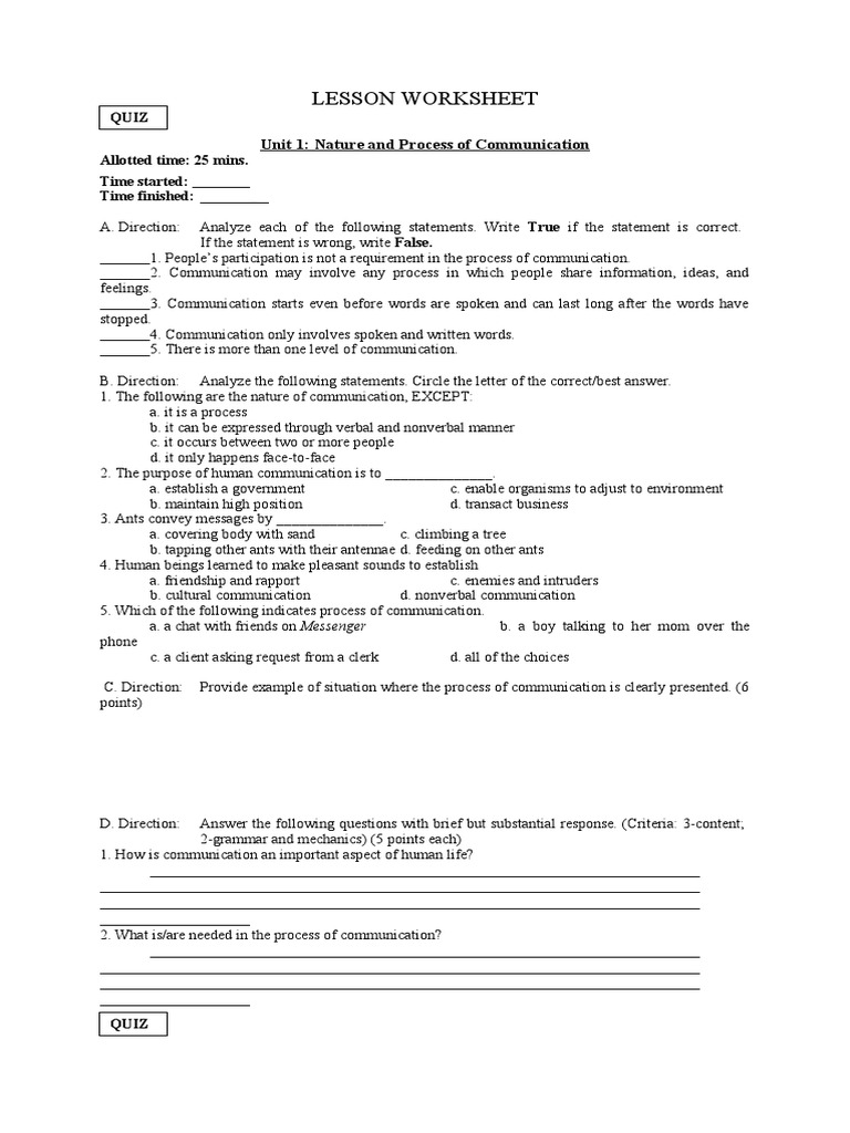 Lesson Worksheet: Unit 1: Nature and Process of Communication | PDF ...