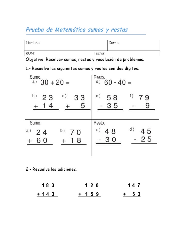 Prueba de Sumas y Restas 2° Básico | PDF | Métodos y materiales de ...