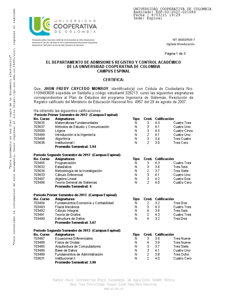Certificado de Notas Jhon Caycedo UCC | PDF | Informática