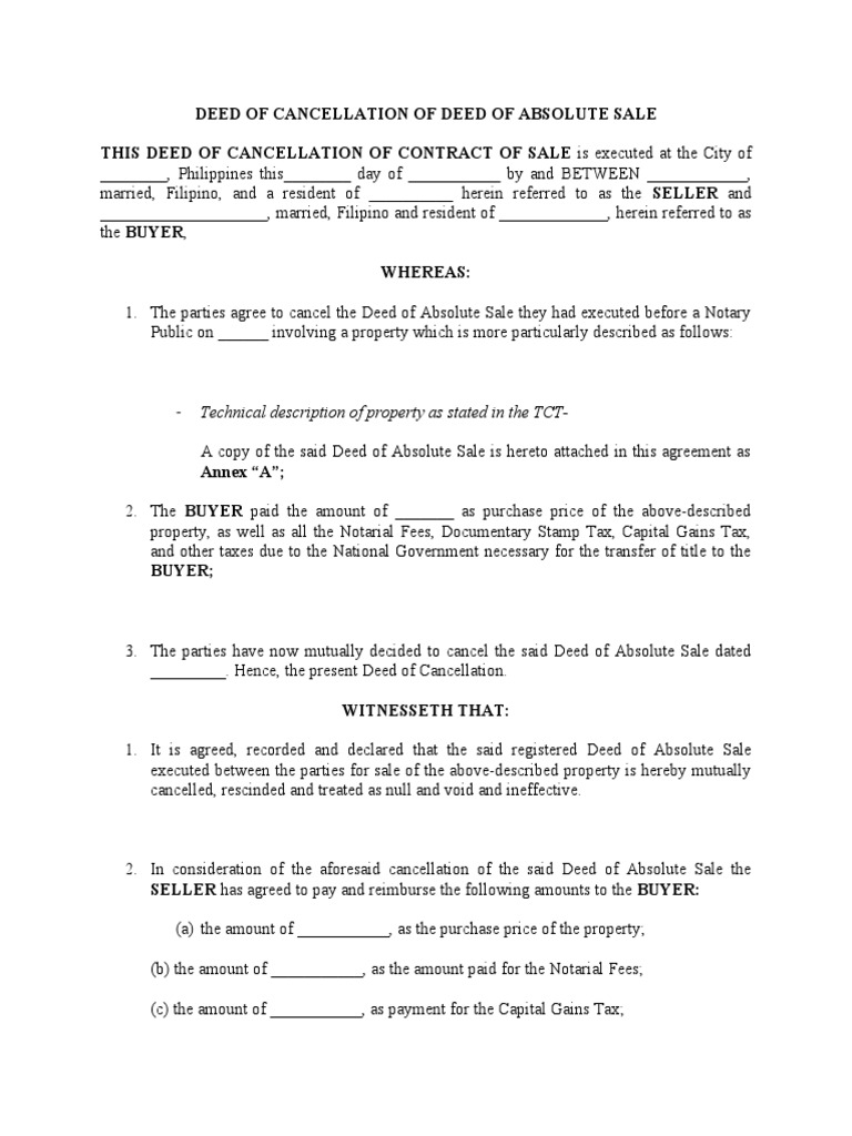 Deed of Cancellation of Contract of Sale PDF Deed Taxes