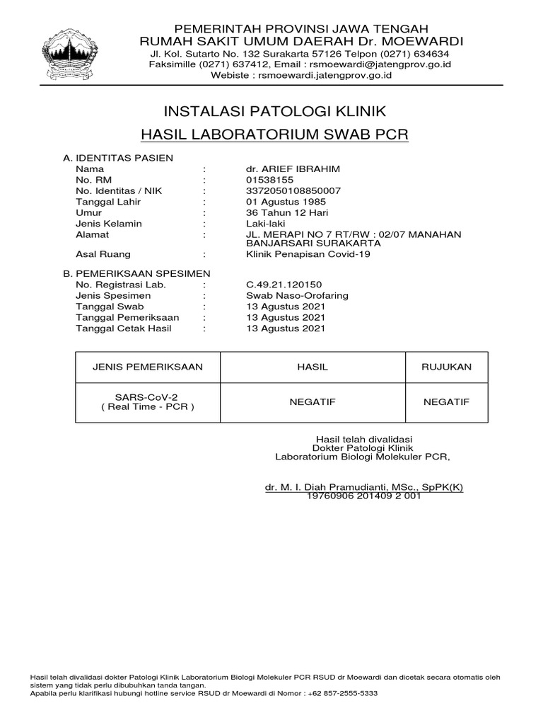 Hasil Lab Swab PCR Negatif Covid-19 | PDF