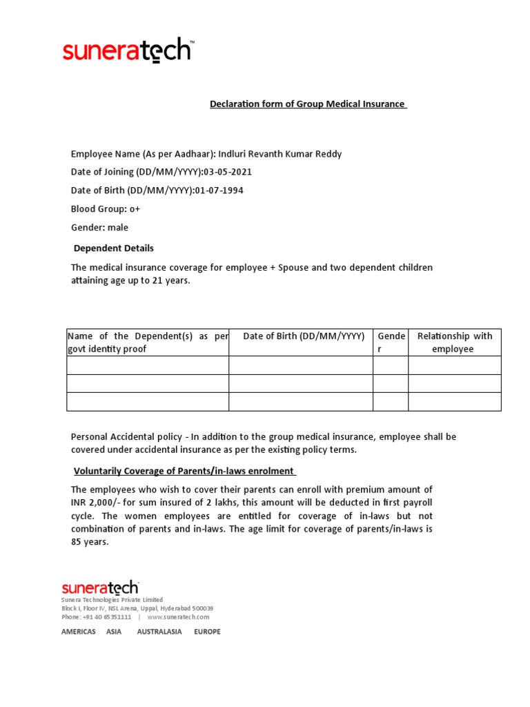 Declaration Form of Group Medical Insurance: Americas Asia Australasia ...