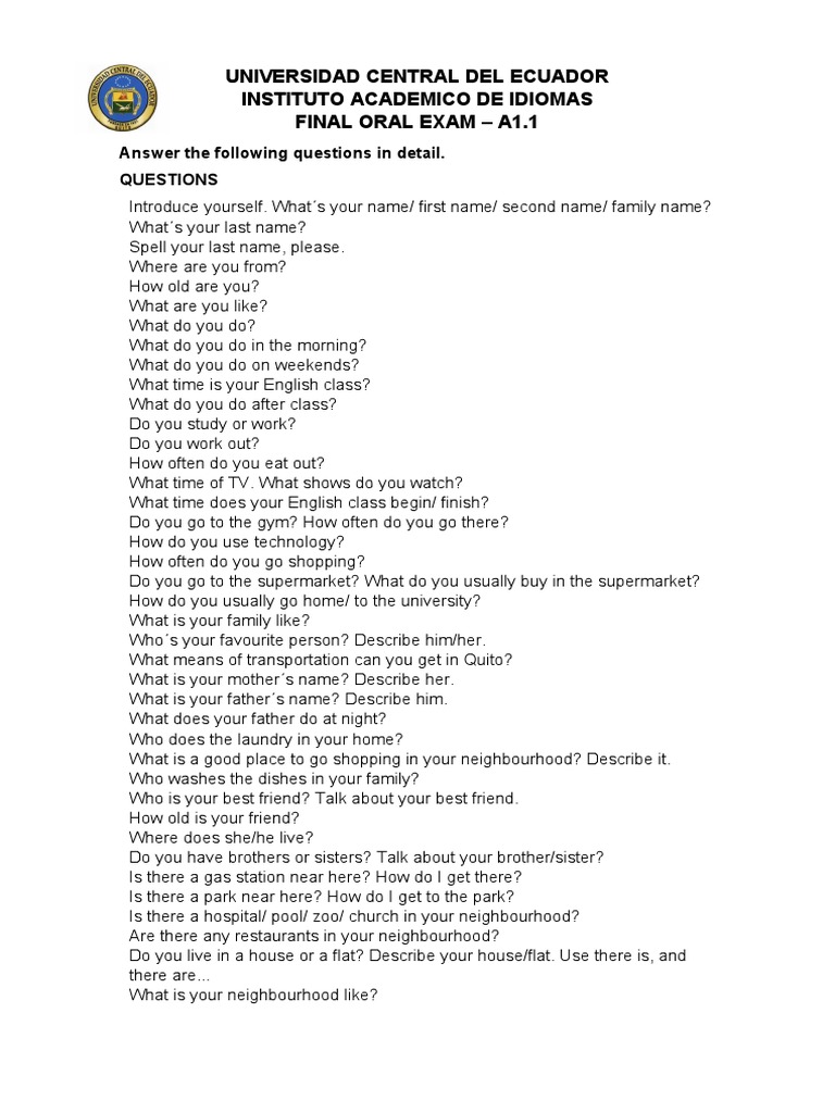 A1.1 English Oral Exam Questions | PDF | Language Arts & Discipline ...