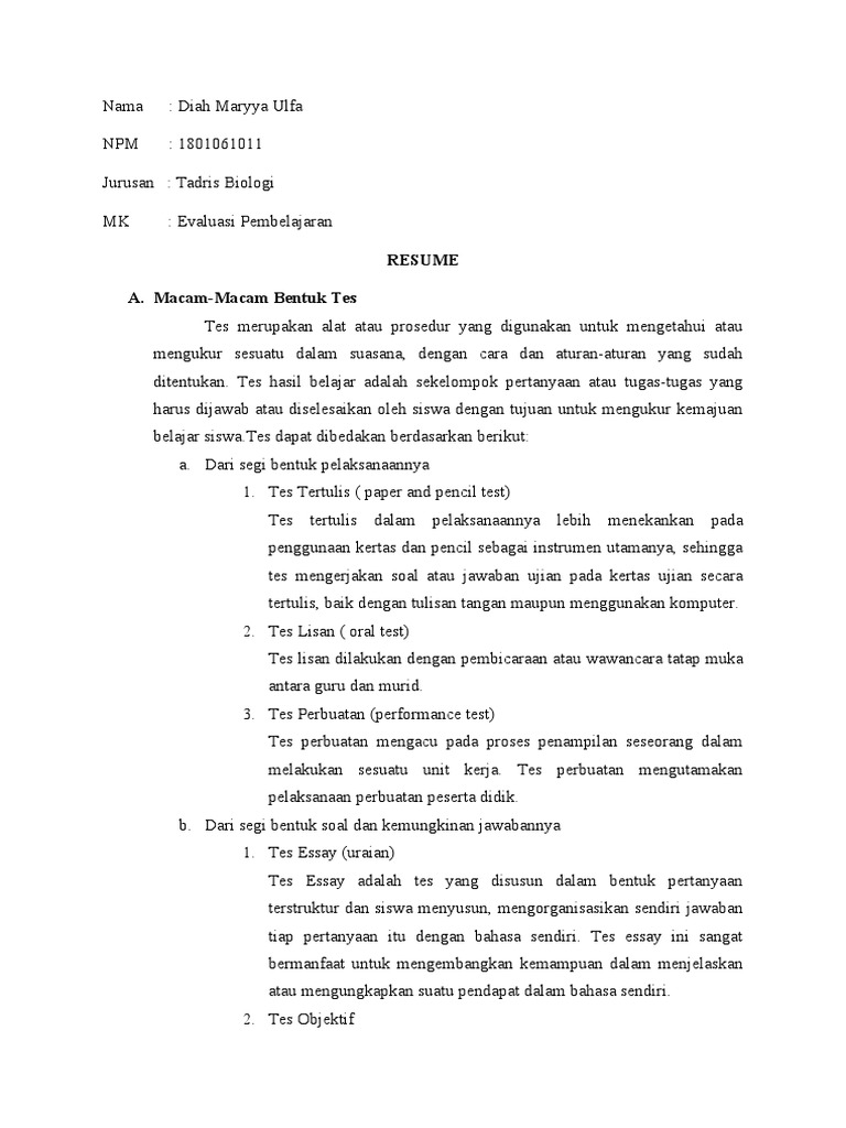 Bentuk-Bentuk Tes dalam Evaluasi Pembelajaran | PDF | Karier ...