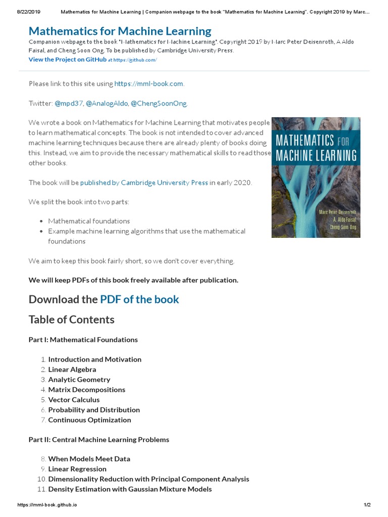 Mathematics For Machine Learning | PDF | Machine Learning | Principal ...