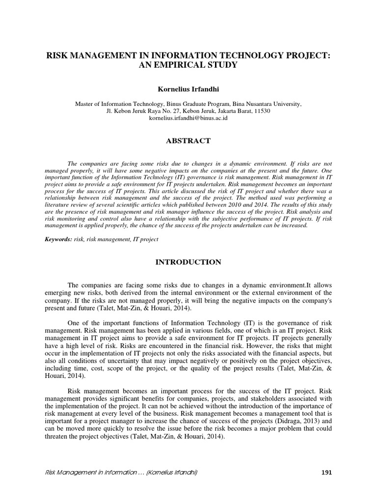 Risk Management in Information Technology Project: An Empirical Study ...