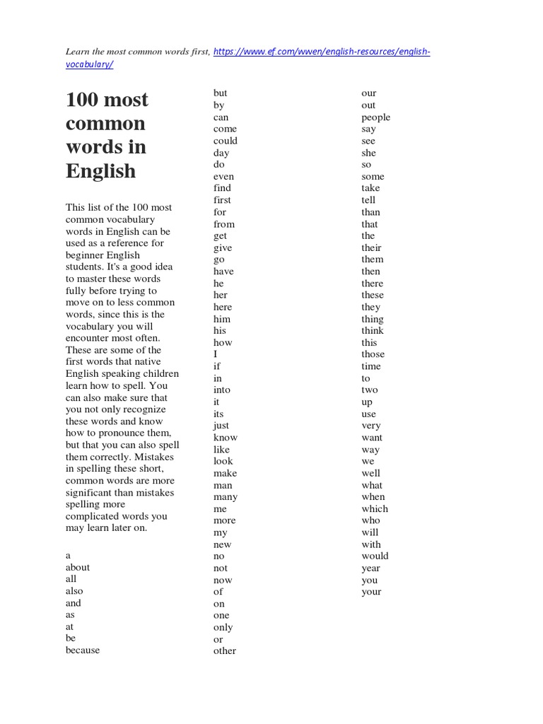 100 Most Common English Words | PDF | English Language | Vocabulary