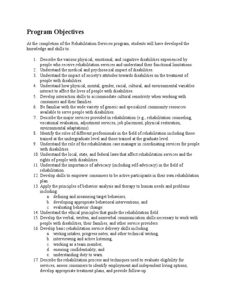 Rehab Program Objectives | PDF | Physical Therapy | Disability