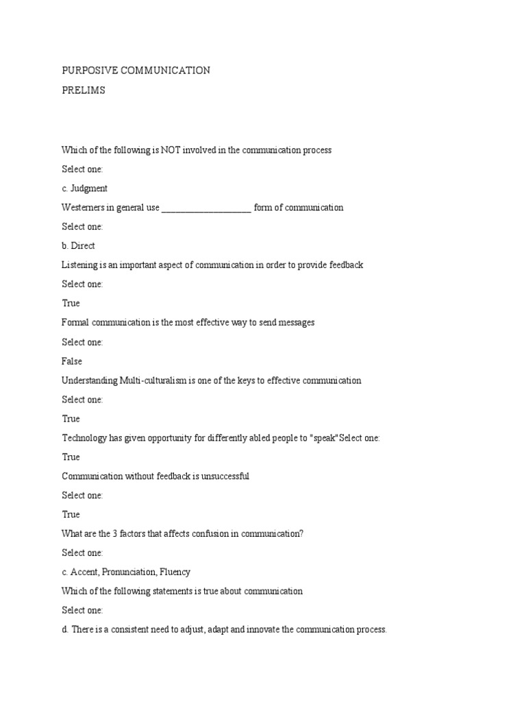Purposive Communication Quiz PDF Communication Human Communication