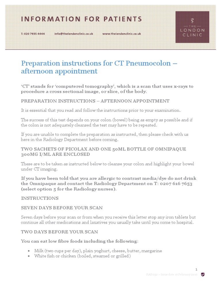 Preparation Instructions For CT Pneumocolon Afternoon Appointment