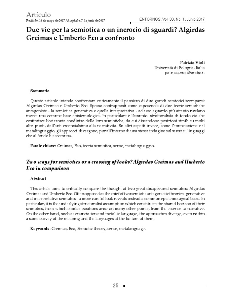 Due Vie Per La Semiotica o Un Incrocio Di Sguardi? Algirdas Greimas e Umberto Eco A Confronto PDF