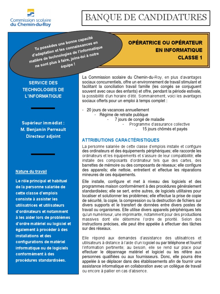Opératrice Ou Opérateur Informatique Classe 1 | PDF | Informatique ...
