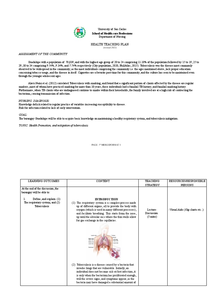 Tuberculosis Health Teaching Plan | PDF | Tuberculosis | Infection
