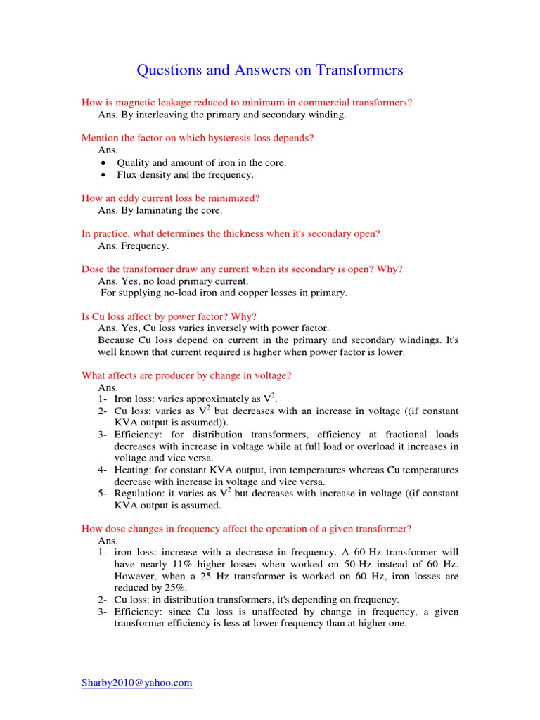 Questions and Answers On Transformers | PDF | Transformer | Force