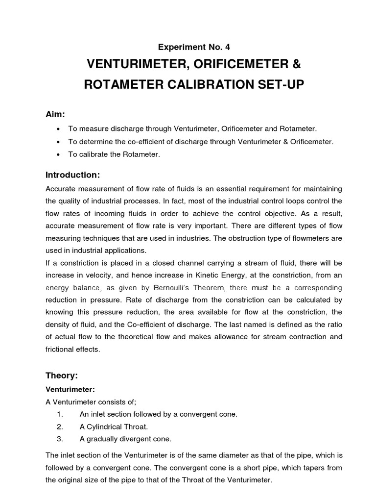 Venturimeter, Orificemeter & Rotameter Calibration Set-Up: Experiment ...