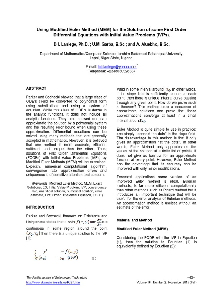 Numerical Approximation of First Order Differential Equations through ...
