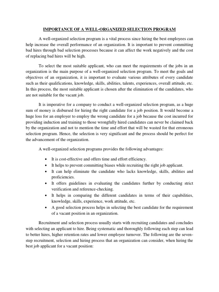 Importance of A Well-Organized Selection Program | PDF | Recruitment ...