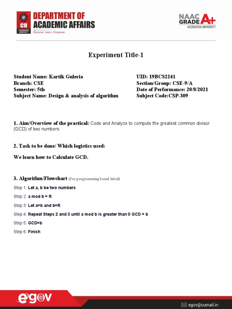 Algorithm Lab: GCD Calculation | PDF