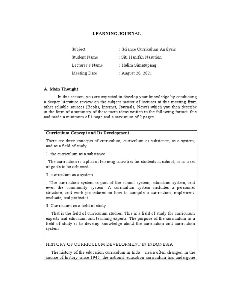 TR - 1 - Science Curriculum Analysis - Learning Journal - Siti Hanifah ...