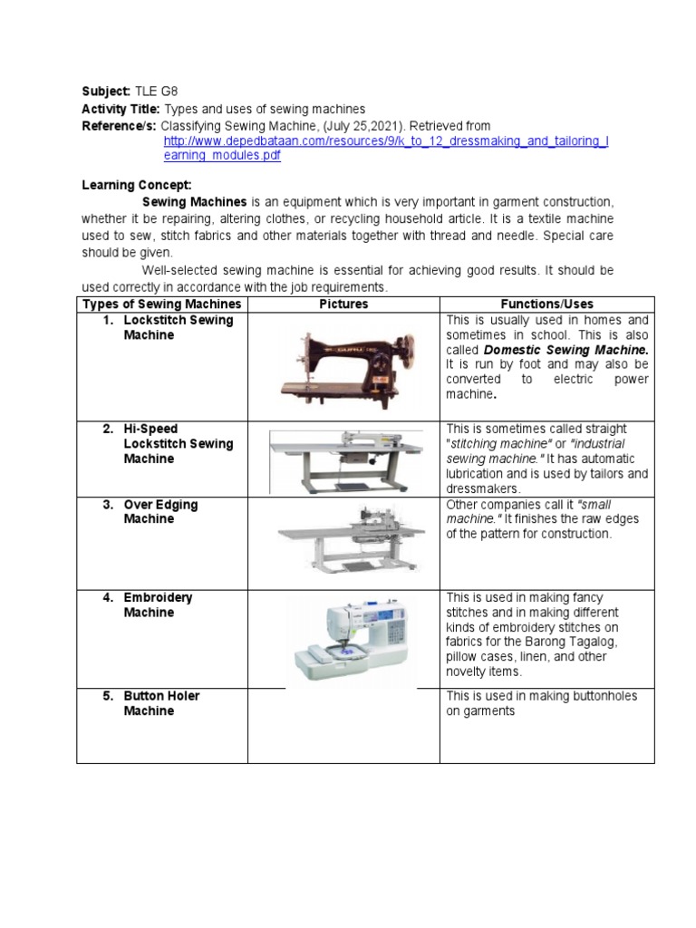 Types and Uses of Sewing Machines PDF Sewing Seam (Sewing)