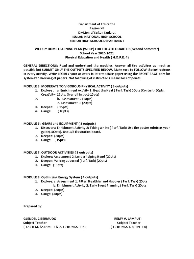 4th Quarter WHLP: PE & Health Activities | PDF