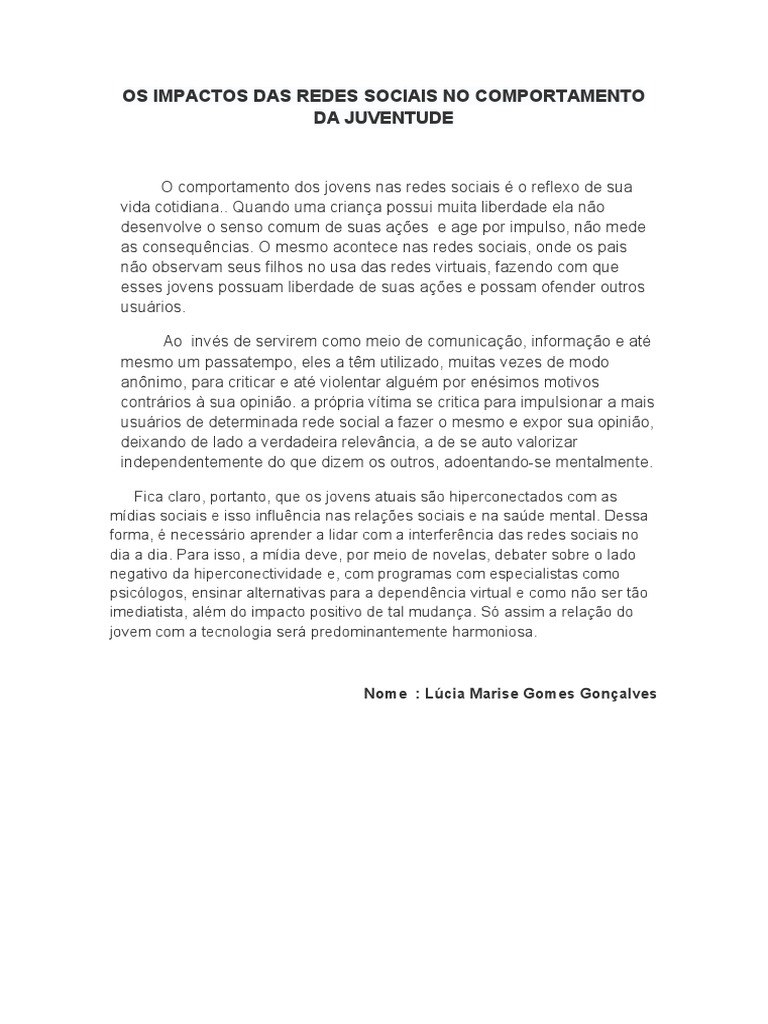 Os Impactos Das Redes Sociais No Comportamento Da Juventude | PDF