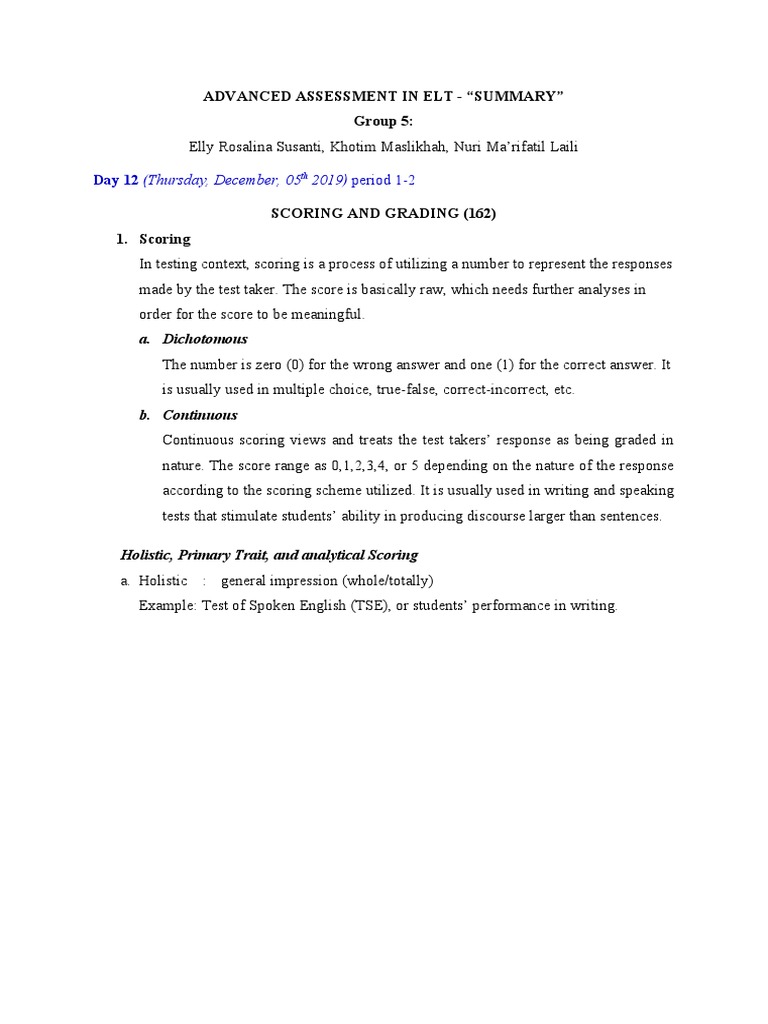 Scoring and Grading in ELT Assessments | PDF | Rubric (Academic ...
