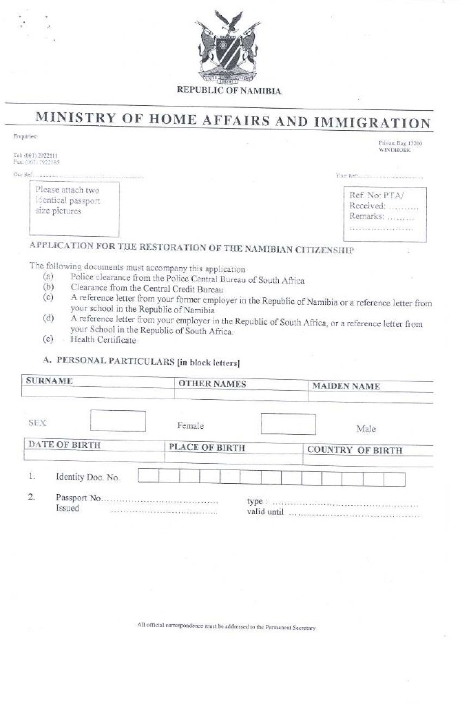 Application for the Restoration of Citizenship - Namibian Home Affairs Form