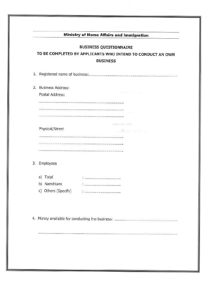 Business Quistionaire Work Permit - Namibian Home Affairs Form | PDF