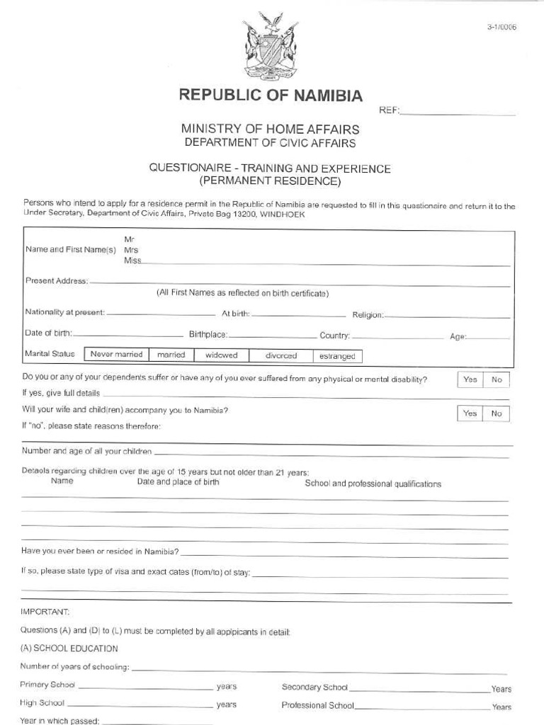 Questionnaire For Permanent Residence - Namibian Home Affairs Form | PDF