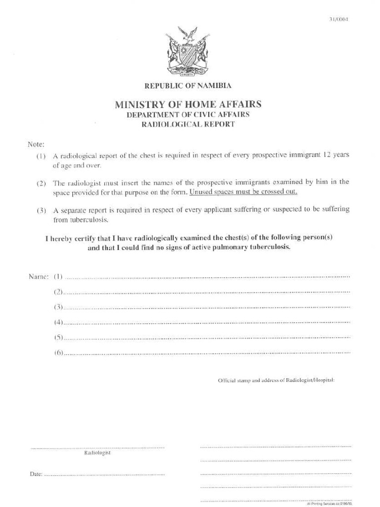 Radiological report for Study Permit Namibian Home Affairs Form