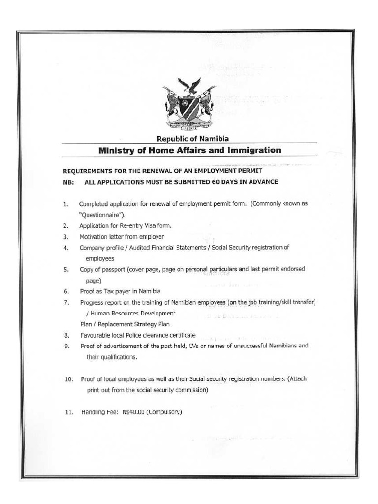 Requirement for the Renewal of an Employment Permit Namibian Home