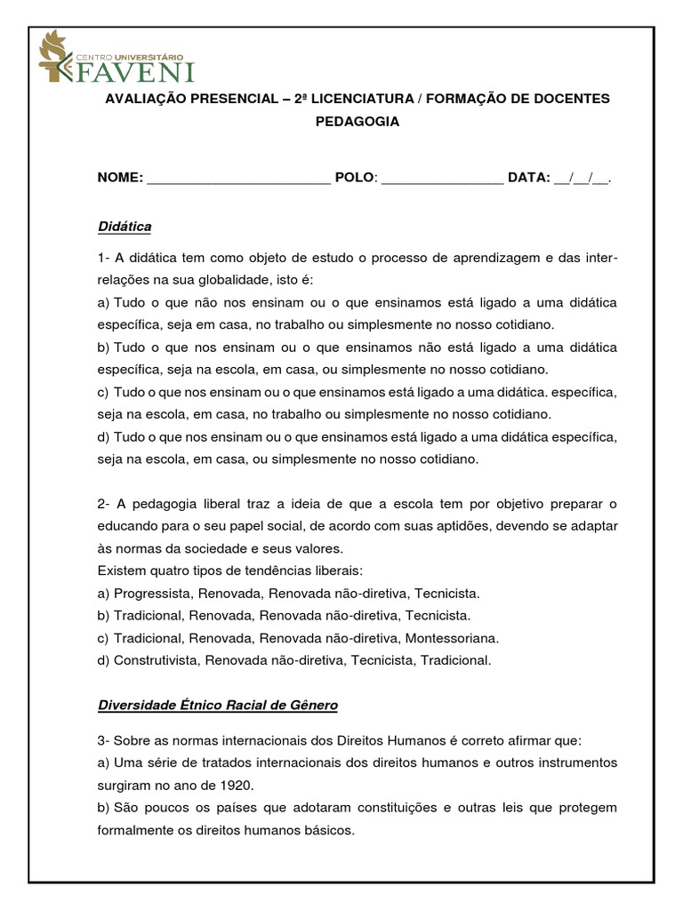 NOVA - AVALIAÇÃO PRESENCIAL 4 PERÍODO PEDAGOGIA (1) - Pedagogia