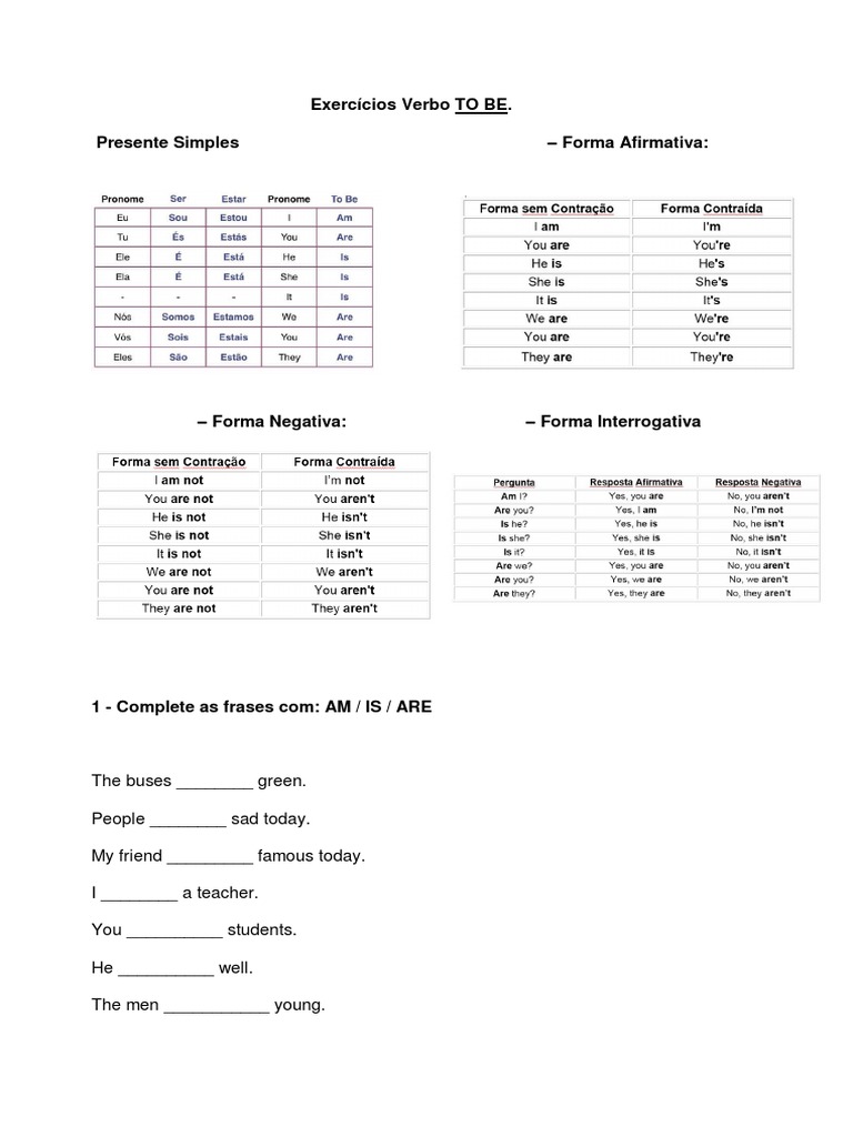 Exercícios Verbo TO BE | PDF
