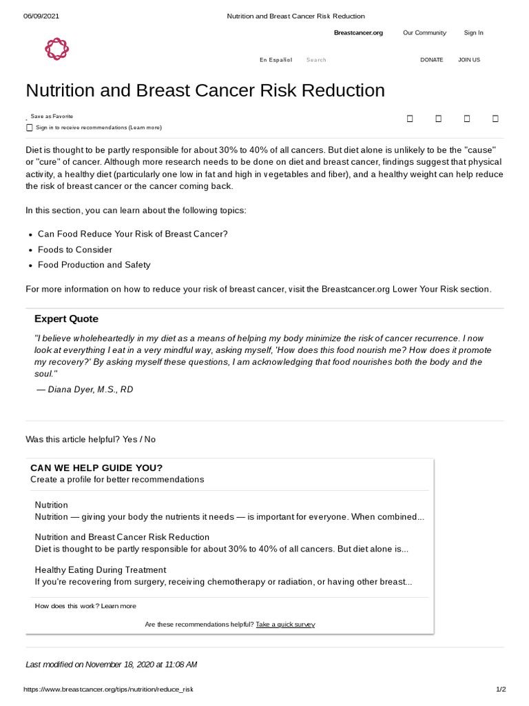 Nutrition and Breast Cancer Risk Reduction | Download Free PDF | Cancer ...