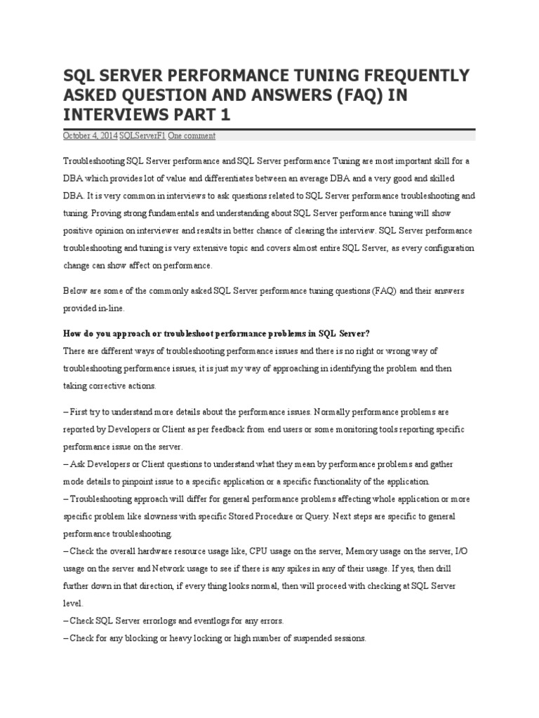SQL Server Performance Tuning Frequently Asked Question and Answers | PDF